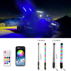 (1 Kit) LED FAT WHIP LIGHT 1.38 Inch/2.16 Inch RGB Remote +APP Bluetooth control