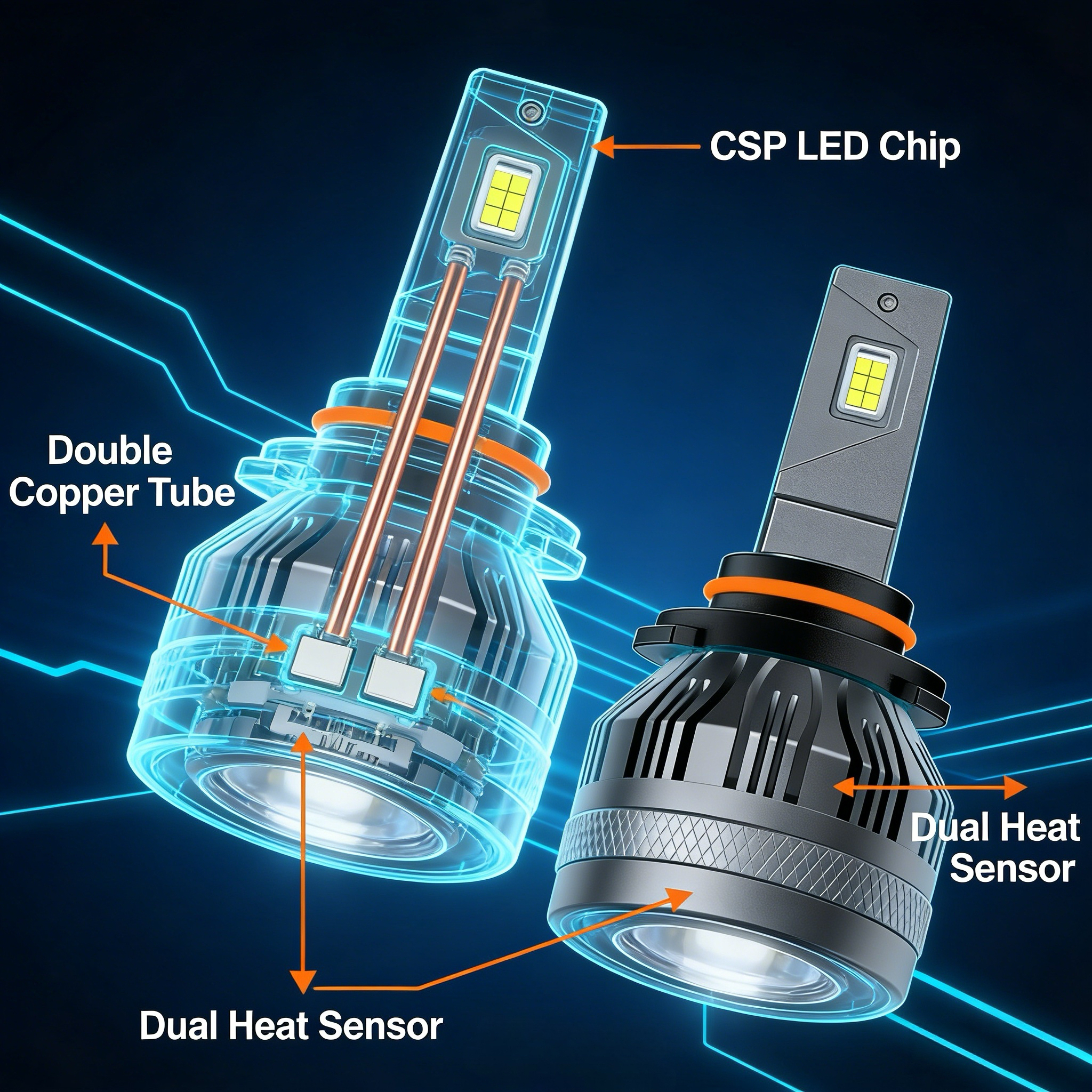AUXILED N26 double copper tube and dual heat sensor cooling diagram for 9005 9006 9012